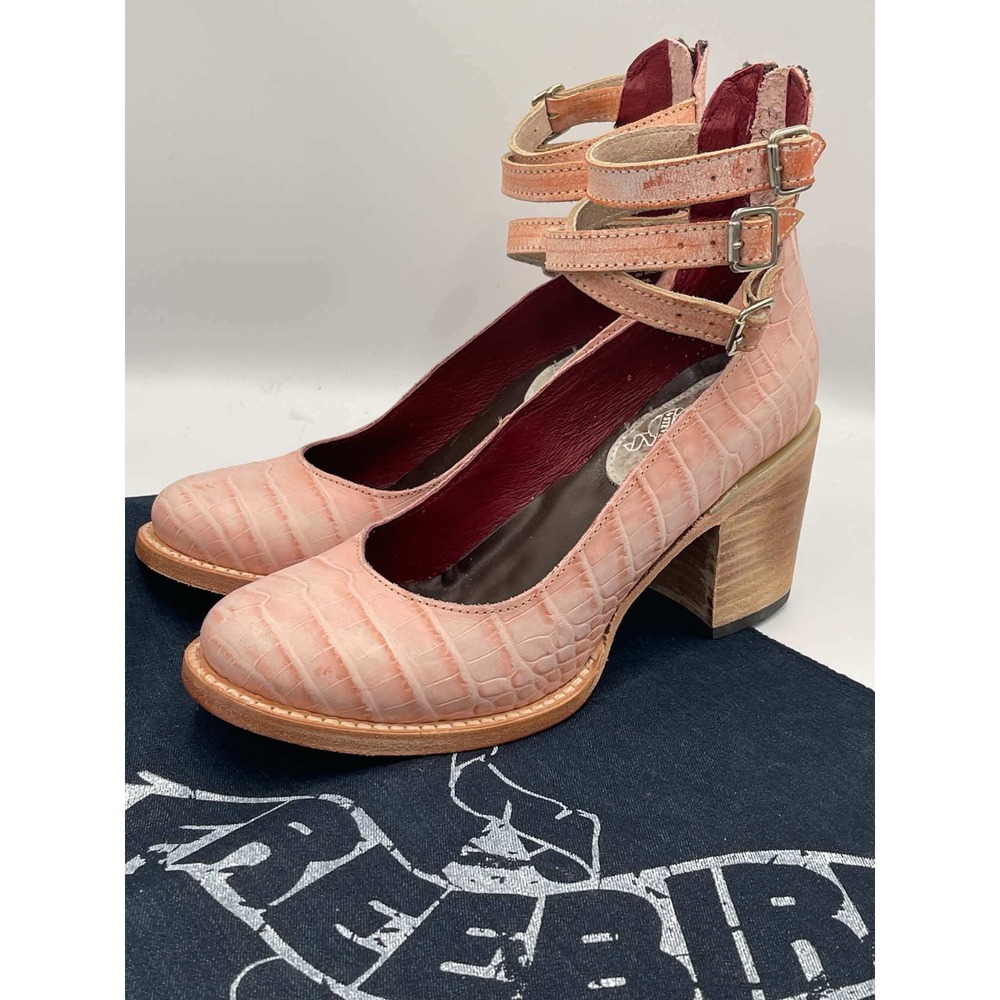 Freebird by Steven Randi Pink Croco Leather Triple Ankle Strap Block Heels 8.0